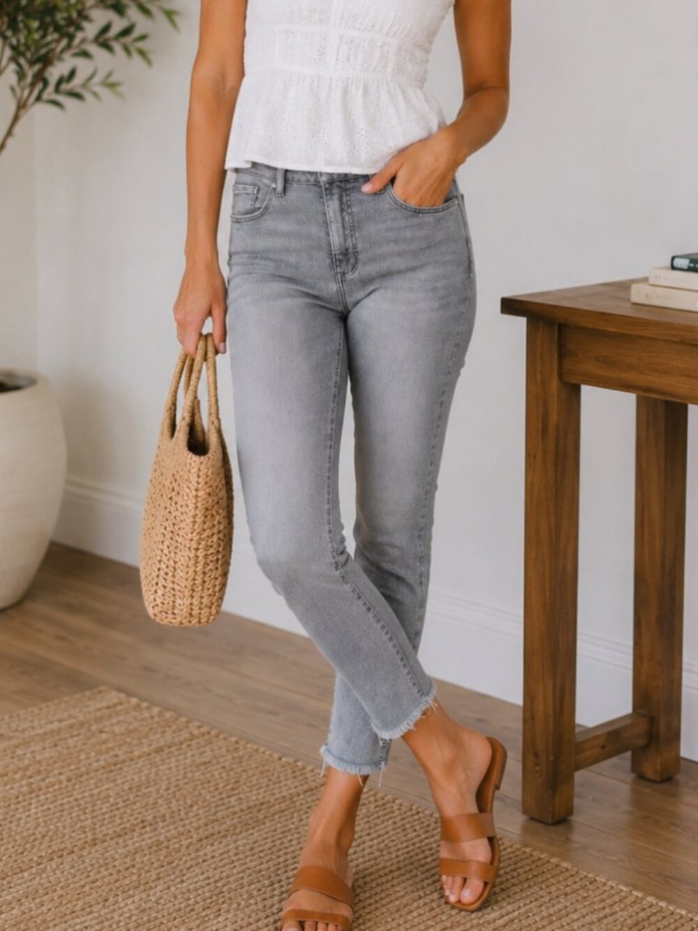 LOFT Curvy Skinny Jeans Womens Size 8 Gray Raw Hem Stretch Ankle Denim